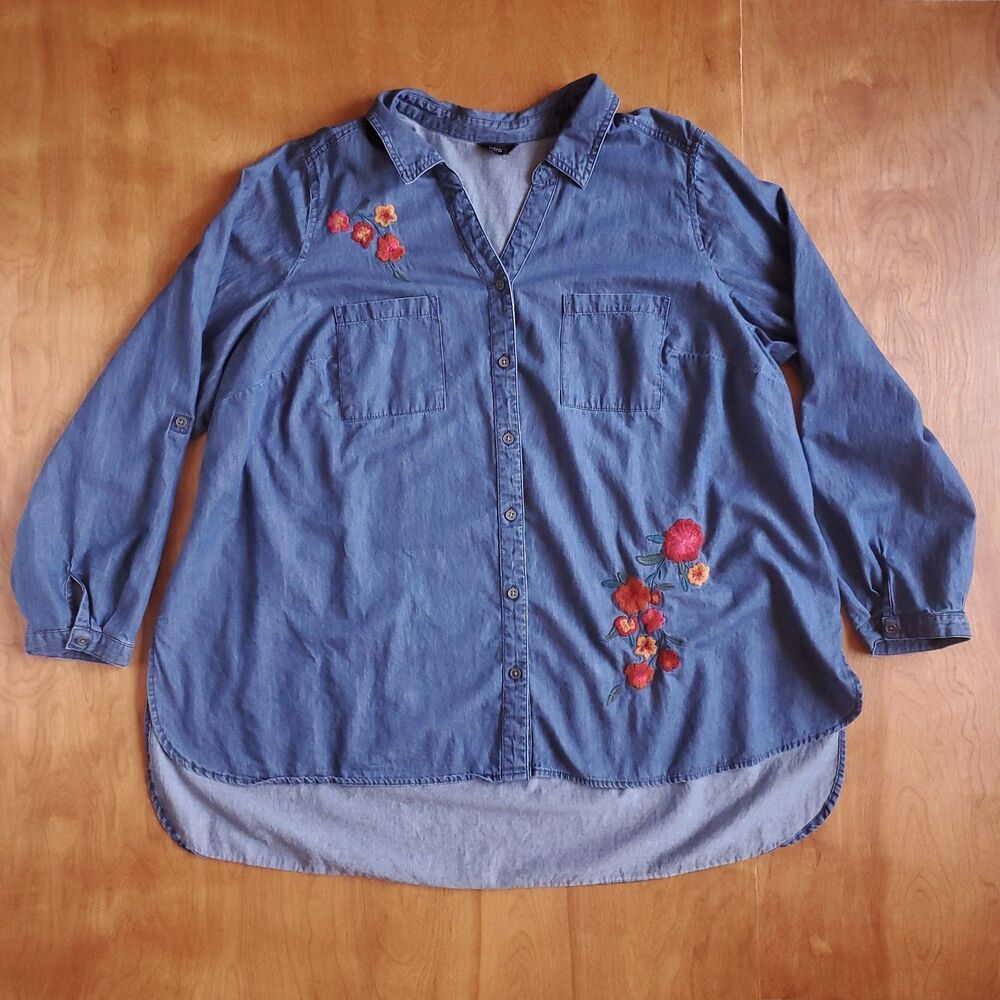 Womens Plus Sz 3X Chambray Tunic Top Embroidered Flower Button Roll Tab Sleeve